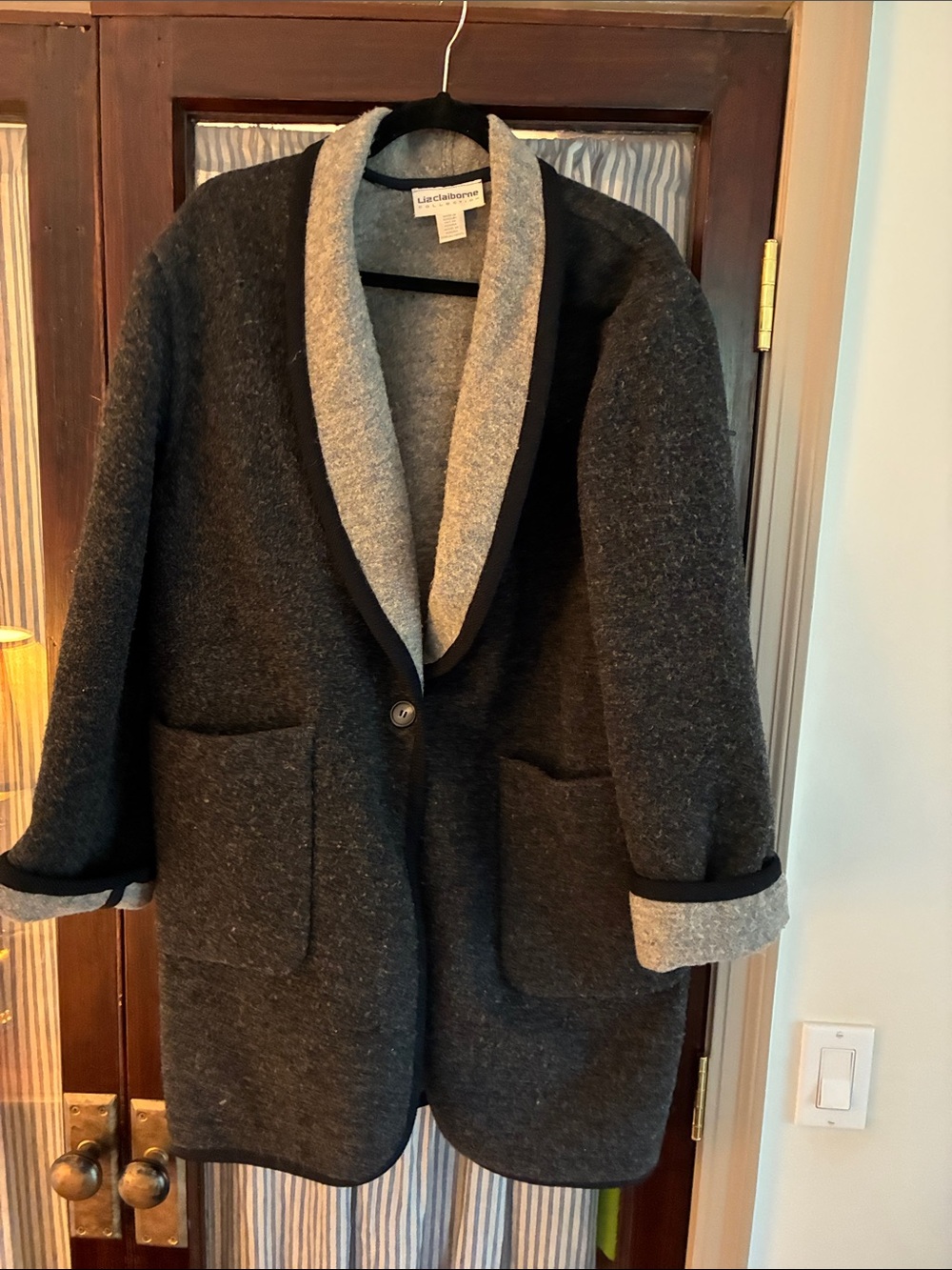 Claiborne Dark Charcoal Wool Coat with Light Gray Shawl Collar